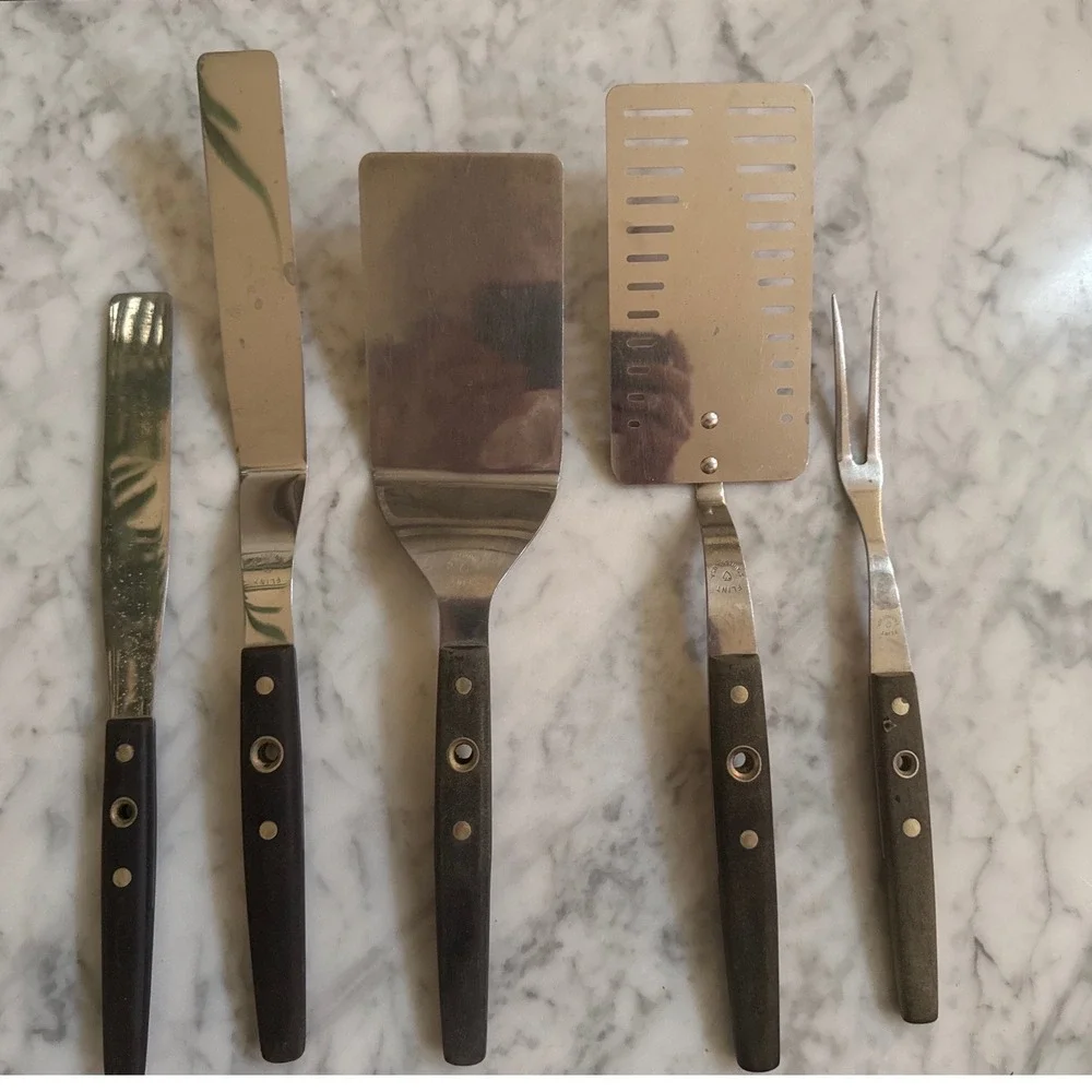 Vintage Flint Ekco Stainless Steel Kitchen Utensil Set 5pc Spatulas Fork USA MCM